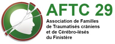 logo AFTC29 Association de Familles de Traumatisés crâniens et de Cérébro-lésés du Finistère composé d'un pictogramme représentant la silhouette d'une tête en blanc par dessus un cercle vert au contour rouge. l'ensemble présente des fêlures comme une assiette brisées